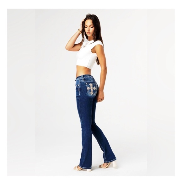 MISS ME Blingy Cross Straight Leg Jeans - Picture 1 of 9